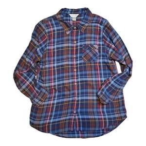 Christopher & Banks Plaid Blue Red Gold Flannel Button Down Shirt Size L